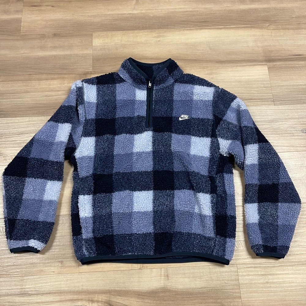 Nike Sweatshirt Mens Medium Blue Plaid Fleece 1/4 Zip Mock Neck FZ0896-057